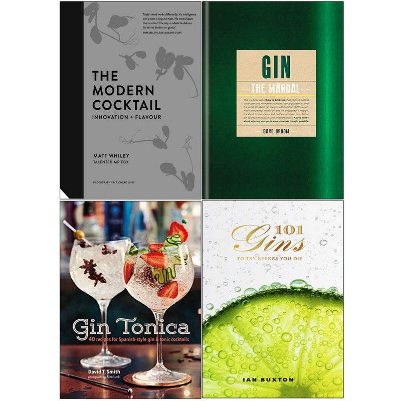 Hardcover set of four books on gin cocktails and tasting, featuring Modern Cocktail, Gin The Manual, Gin Tonica, by Mr. Matt Whiley.