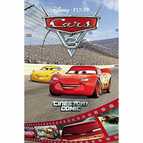 Illustration from Disney Pixar Cars 3 Cinestory Comic featuring characters Lightning McQueen and friends, published by Gollanz.