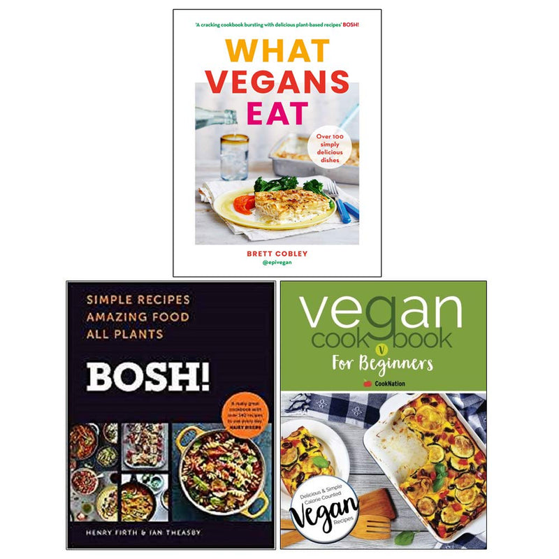 Collection of three vegan cookbooks from BOSH! by Brett Cobley, Ian Theasby, and Henry Firth, featuring simple plant-based recipes.
