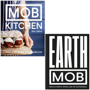 Two hardcover Mob Kitchen books by Iota Publishing featuring recipes for feeding four or more on a budget, authored by Ben Lebus.