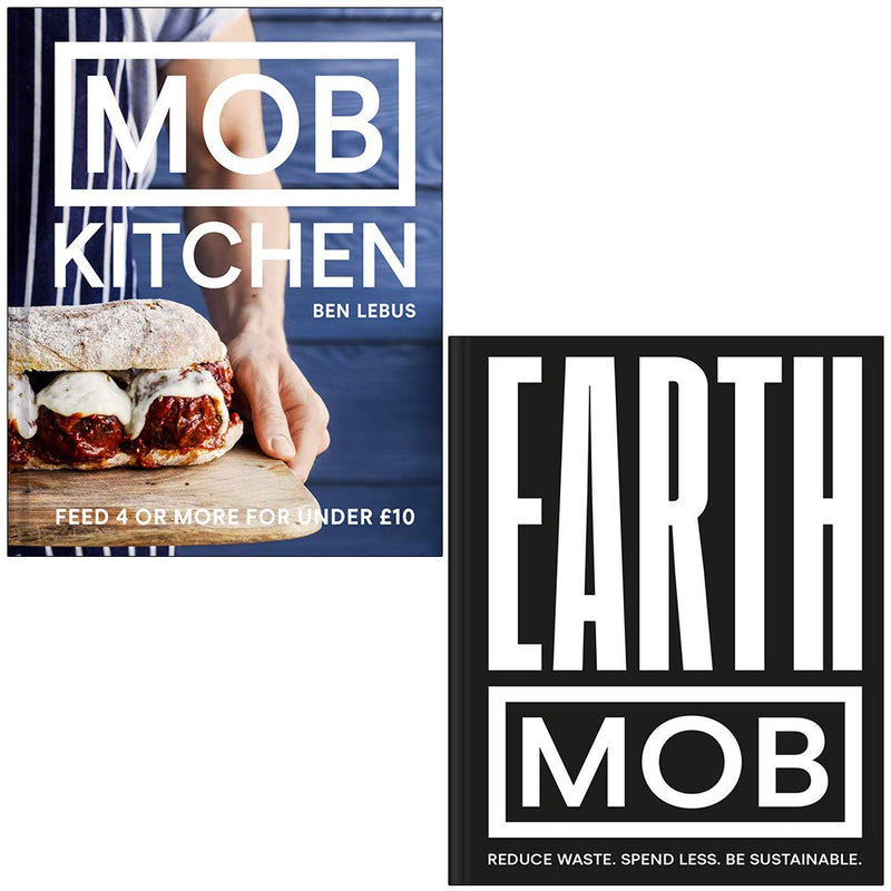 Two hardcover Mob Kitchen books by Iota Publishing featuring recipes for feeding four or more on a budget, authored by Ben Lebus.