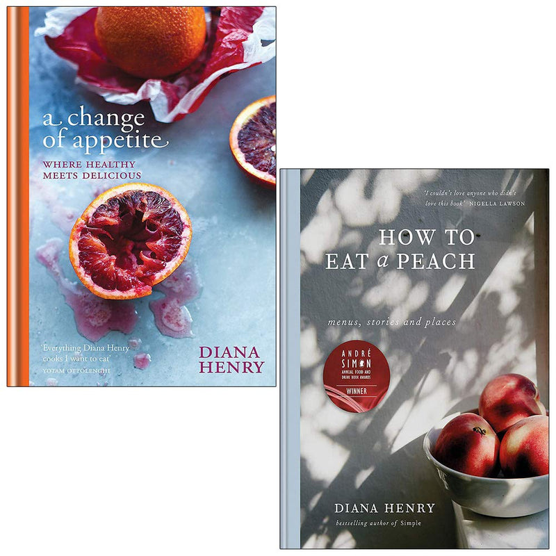 Set of two hardcover books by Diana Henry, "A Change Of Appetite" and "How To Eat A Peach," showcasing colorful cover art.
