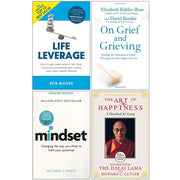 Set of four paperback books on happiness and mindset by Rob Moore, Elisabeth Kubler-Ross, David Kessler, including The Art of Happiness collection.