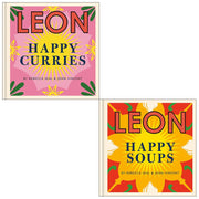 Hardcover set of Leon Happy Curries and Happy Soups cookbooks by John Vincent and Rebecca Seal, featuring colorful dish images.