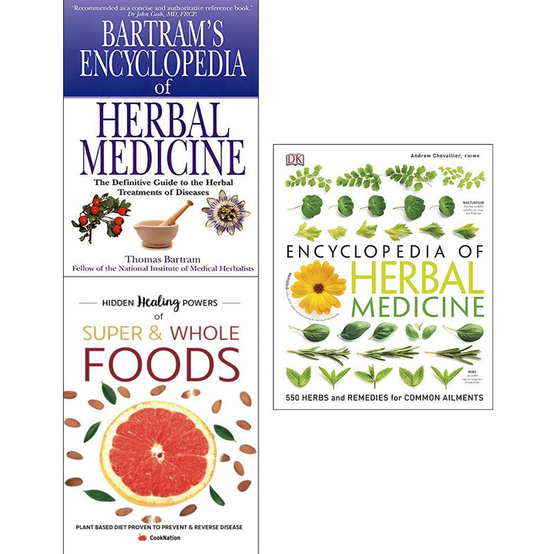 Set of three herbal medicine books by Andrew Chevallier, Thomas Bartram, and Iota, featuring colorful covers and herbal illustrations.