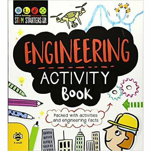 Collection of STEM Starters activity books for kids by Jenny Jacoby, featuring science, robotics, geology, and engineering topics.