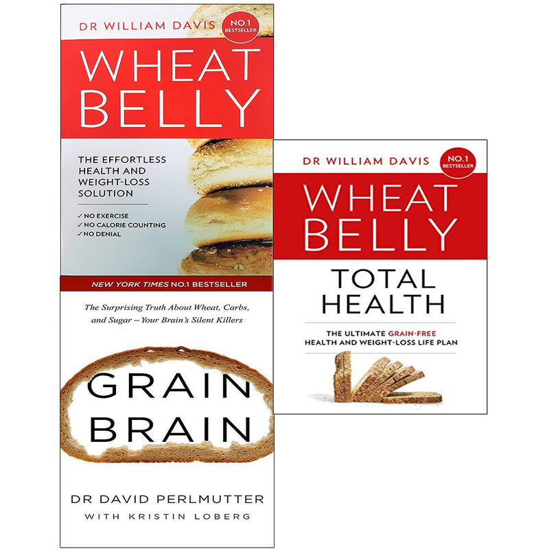 Three hardback health books by David Perlmutter and Dr. William Davis in the Grain Brain, Wheat Belly, and Total Health collection set.