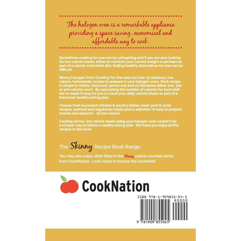 CookNation Skinny Halogen Oven cookbook by Bell & Mackenzie Publishing showing a paperback with low-calorie oven recipes for one.
