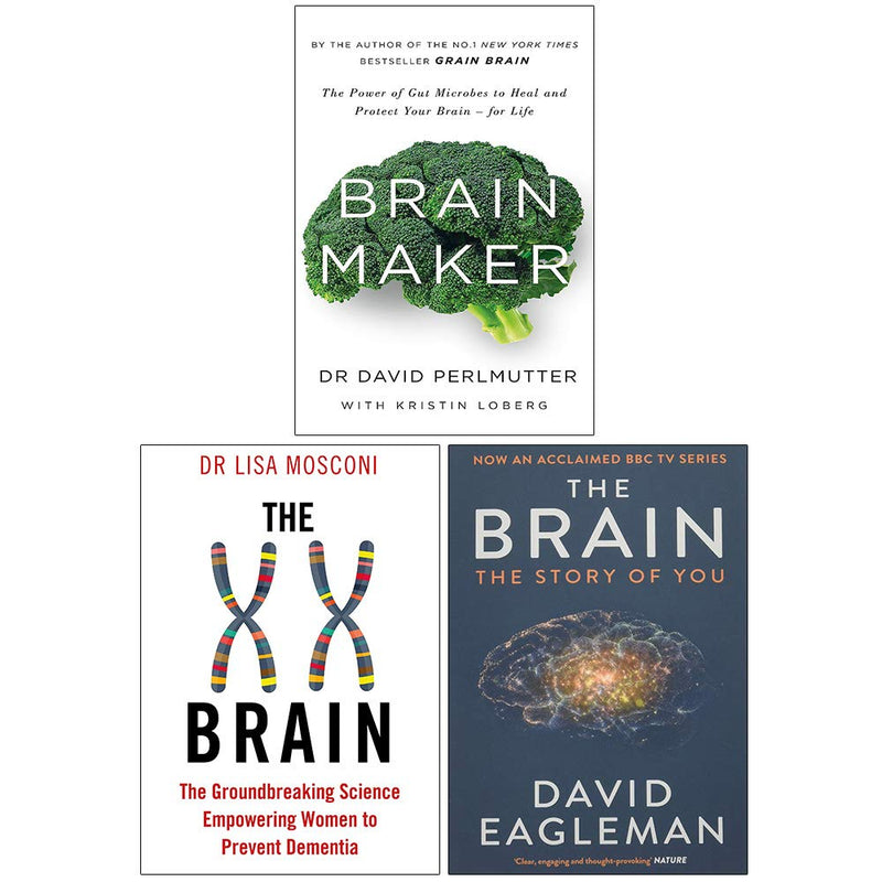 Set of three paperback non-fiction books by David Perlmutter, including Brain Maker, The XX Brain, and The Brain: The Story of You.