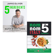 Collection of two Jamie Oliver cookbooks, "Jamie's Quick and Easy" and "Nom Nom Italy in 5 Ingredients," by Iota Publishing.