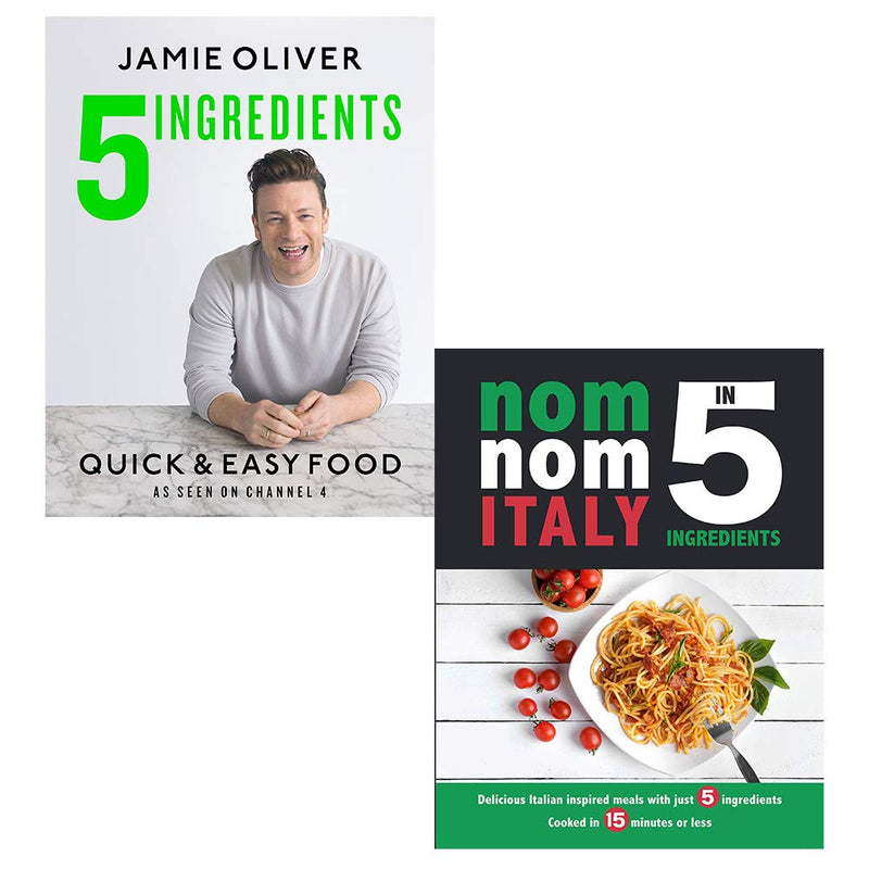 Collection of two Jamie Oliver cookbooks, "Jamie's Quick and Easy" and "Nom Nom Italy in 5 Ingredients," by Iota Publishing.