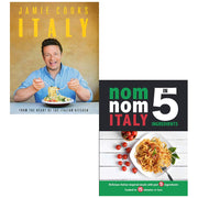 Jamie Oliver's Nom Nom Italy in 5 Ingredients book set by Michael Joseph and Iota Publishing, featuring colorful cover images and pages