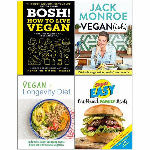 BOSH! How to Live Vegan, Vegan (ish), Vegan Longevity Diet, Super Easy One Pound Family Meals 4 Books Set By Henry Firth - The Book Bundle