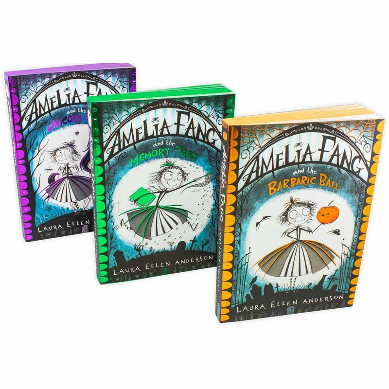 Set of three Amelia Fang Series books by Laura Ellen Anderson, fiction paperbacks featuring colorful covers and illustrations.