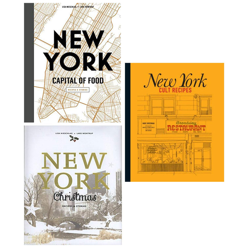 Set of three hardcover books on New York food, Christmas recipes, and stories by Lisa Nieschlag and Lars Wentrup, published by Murdoch Books.