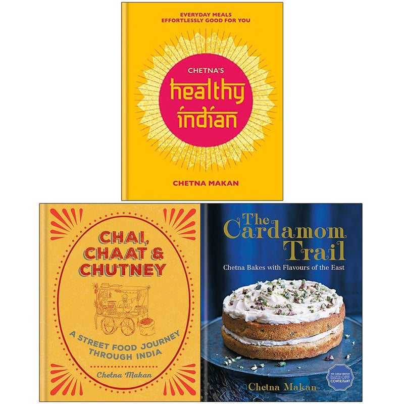 Chetna Makan Collection 3 books featuring healthy Indian recipes, chai, chaat, chutney, and cardamom trail, hardcover by Roli.