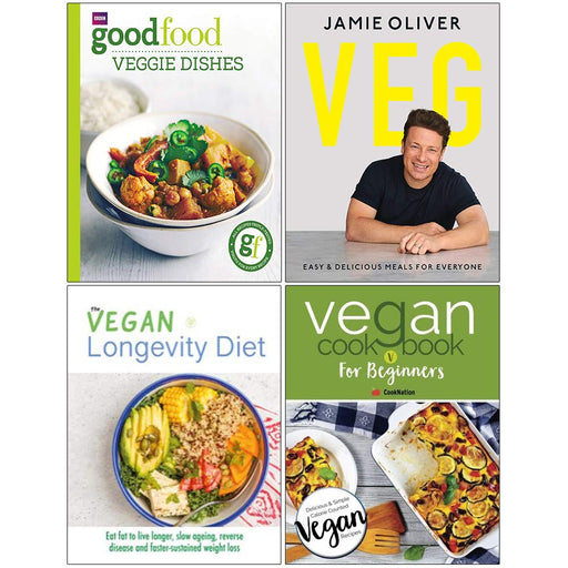 Good Food Veggie dishes, Veg Jamie Oliver [Hardcover], The Vegan Longevity Diet, Vegan Cookbook For Beginners 4 Books Collection Set - The Book Bundle