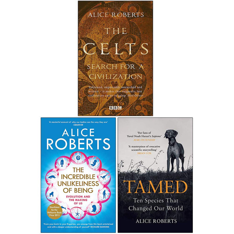 Set of three paperback books by Alice Roberts on Celtic history and science, part of The Celts & The Incredible Unlikeliness of Being collection.