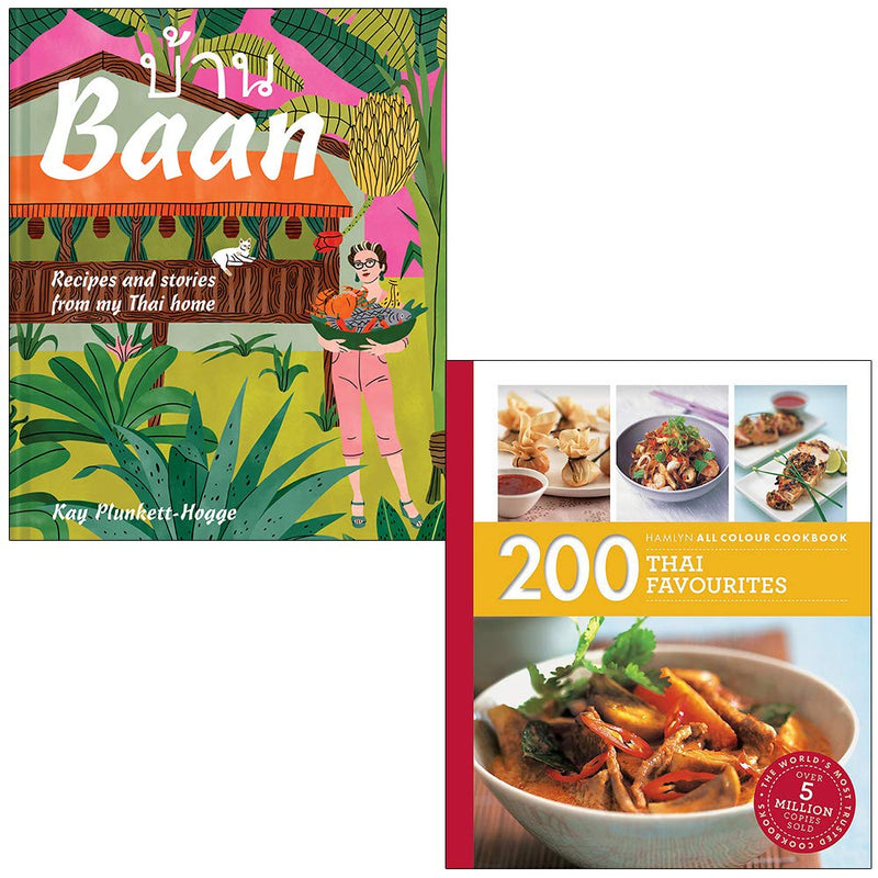Set of two cookbooks by Kay Plunkett-Hogge and Oi Cheepchaiissara featuring Thai recipes and stories, with colorful cover images.