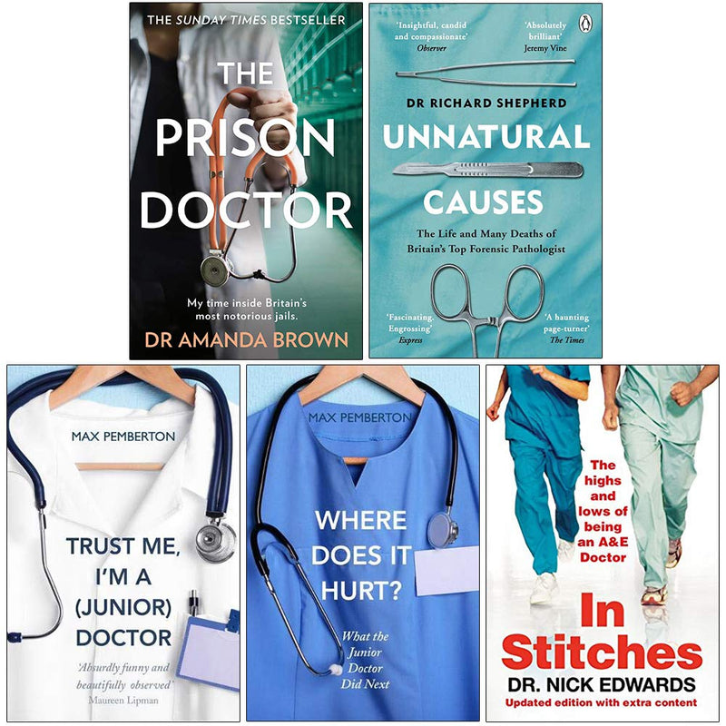 Collection of five paperback non-fiction books by Dr. Amanda Brown, including The Prison Doctor and Unnatural Causes, in a set.