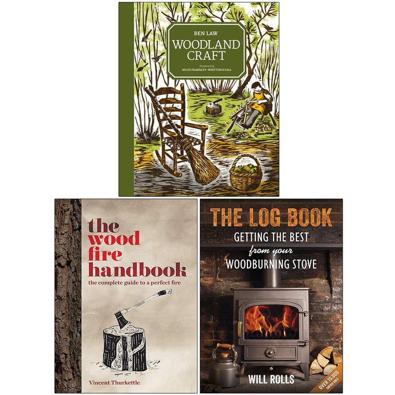 Set of three books from the Woodland Craft series by Ben Law, featuring firewood, logs, and outdoor woodworking tips.