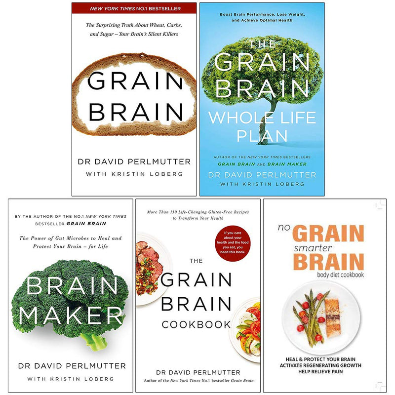 Set of three books by David Perlmutter including Grain Brain, The Grain Brain Whole Life Plan, and Brain Maker, published by Yellow Kite.