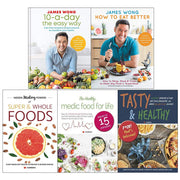 Set of five hardcover books on healthy eating for lifelong wellness by James Wong and Iota, featuring colorful covers and nutrition tips.
