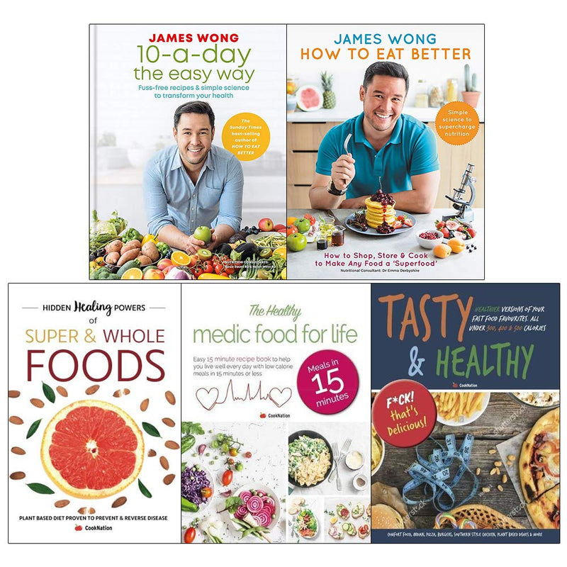 Set of five hardcover books on healthy eating for lifelong wellness by James Wong and Iota, featuring colorful covers and nutrition tips.
