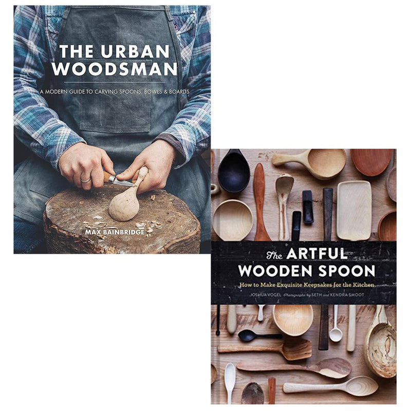 Two hardcover books from the Max Bainbridge The Urban Woodsman & The Artful Wooden Spoon collection, featuring woodcraft and culinary art.