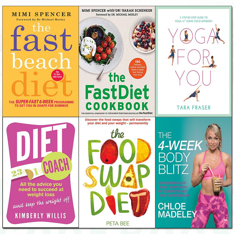 Six paperback diet books by Chloe Madeley and Mimi Spencer, including the 4-Week Body Blitz and Fast Beach Diet collection.