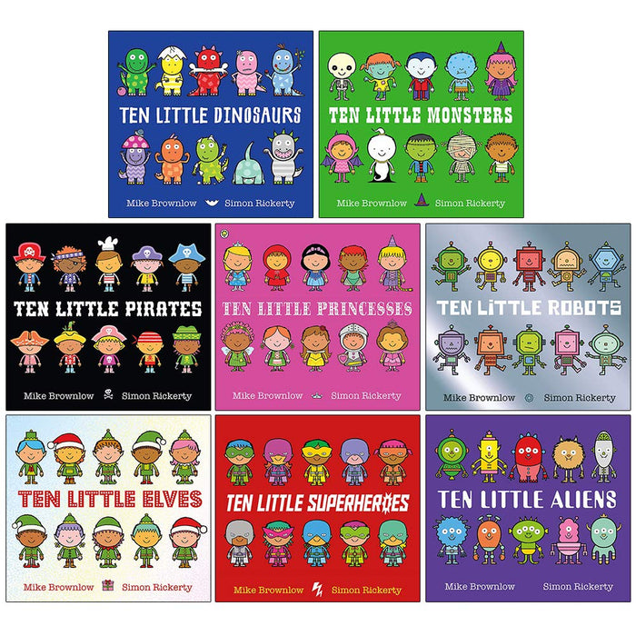 Ten Little Series Collection 8 Books Set By Mike Brownlow (Dinosaurs, Monsters, Pirates, Princesses, Robots, Elves, Superheroes, Aliens)-Paperback - The Book Bundle