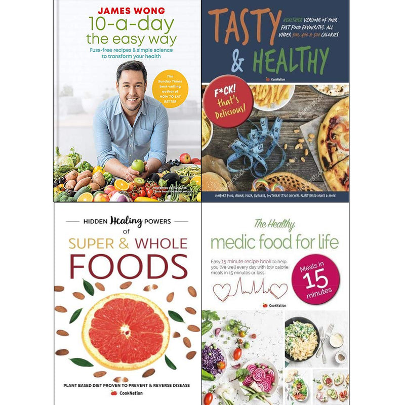 Collection of four non-fiction books by James Wong and Iota, featuring healthy eating, hidden healing powers, and easy daily tips.