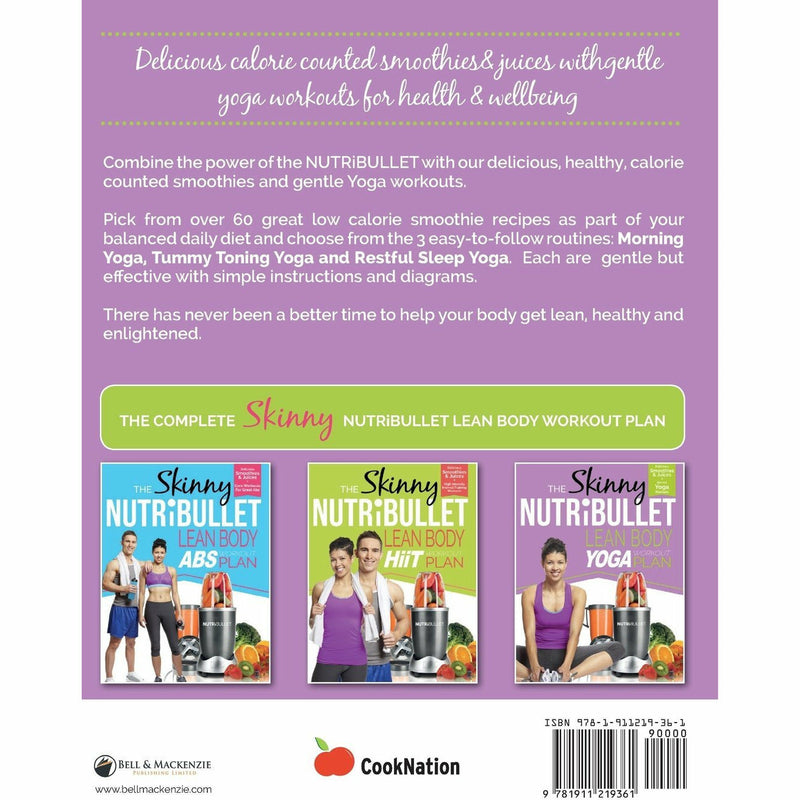 Paperback book titled "The Skinny NUTRiBULLET Lean Body Yoga Workout Plan" by Bell & Mackenzie, featuring smoothie recipes.