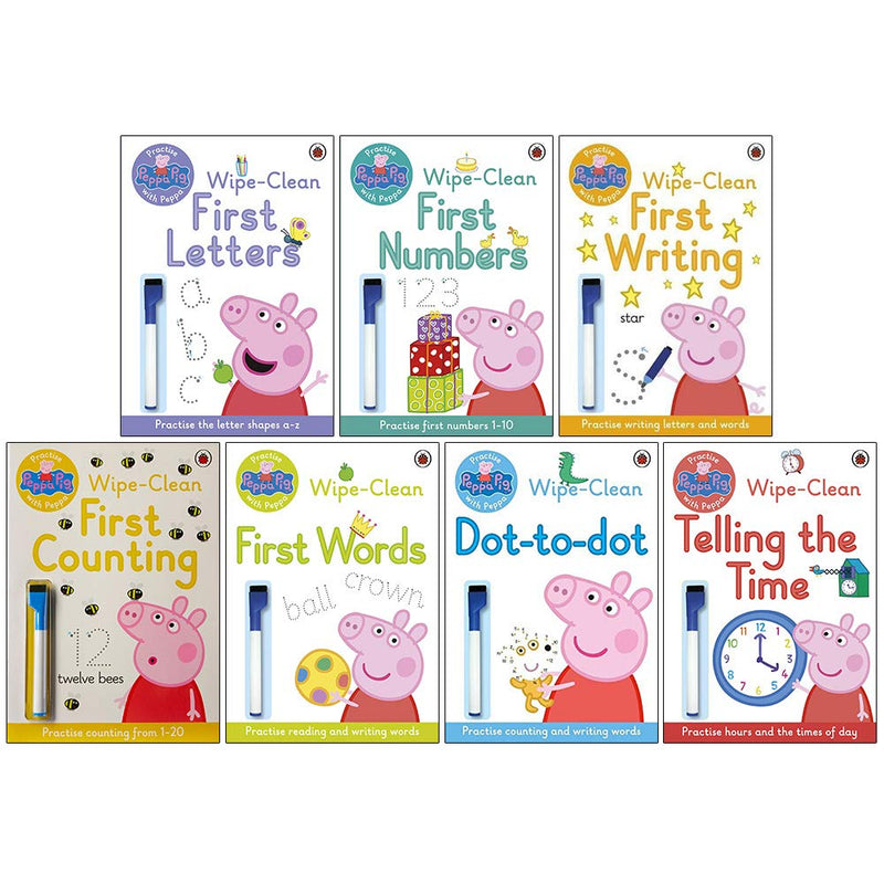 Ladybird Peppa Pig Collection 7 books set including wipe-clean first letters, numbers, and writing activity books.