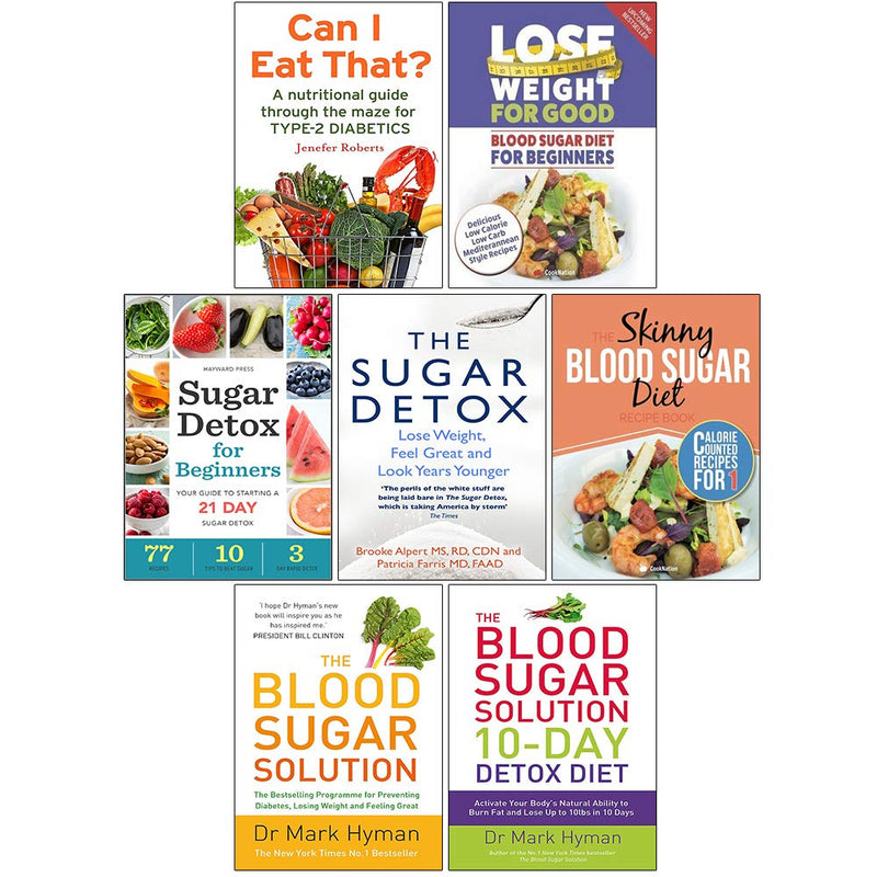 Set of seven paperback books on blood sugar diet, sugar detox, and health tips by Iota Jenefer Roberts and Patricia Farris Hayward.