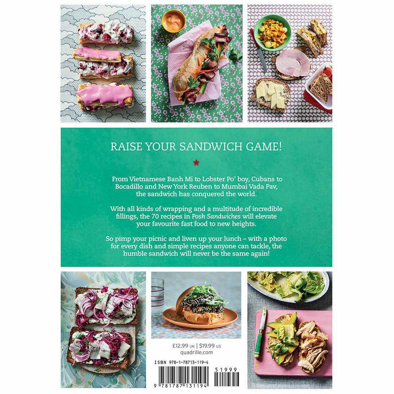 Hardcover book cover of "Posh Sandwiches" by Emily Kydd, featuring images of gourmet sandwiches like Reubens and Banh Mi.