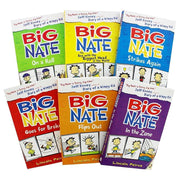 Six paperback Big Nate series books by Lincoln Peirce in a HarperCollinsChildren’sBooks box set, featuring colorful covers.