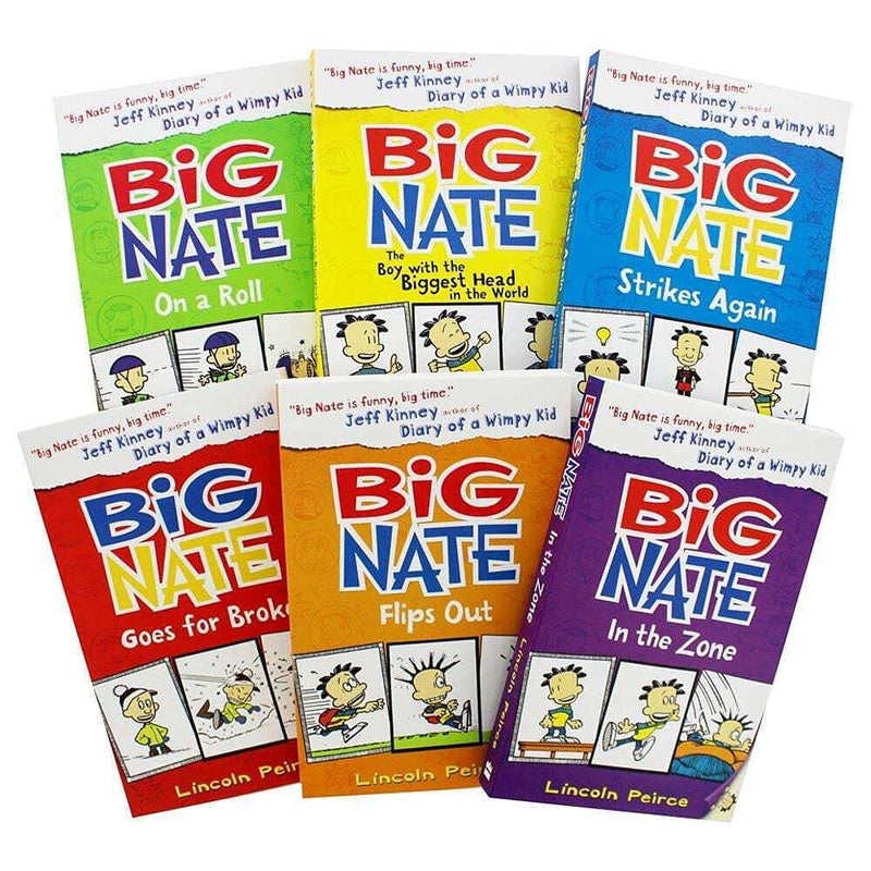 Six paperback Big Nate series books by Lincoln Peirce in a HarperCollinsChildren’sBooks box set, featuring colorful covers.