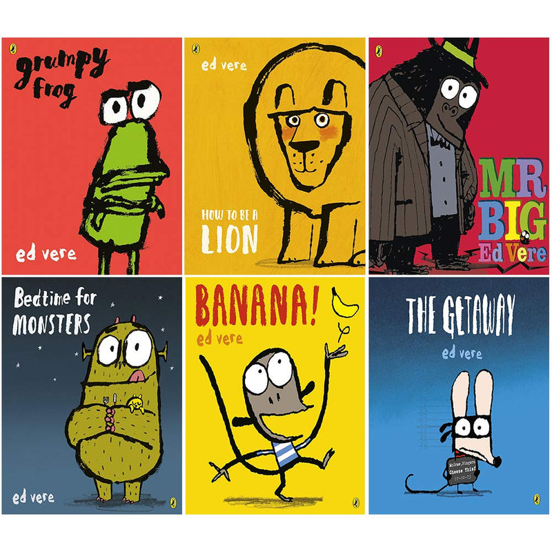 Six Puffin paperback books by Ed Vere in the Grumpy Frog, How to Be a Lion, and Mr Big collection, featuring colorful cover art.