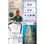 Collection of four non-fiction paperback books by David Nott and Henry Marsh, featuring war surgery and medical front-line stories.