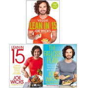 Set of three paperback books by Joe Wicks, Lean in 15, The Shift Plan, and Fat-Loss Plan, featuring blue covers and motivational titles.