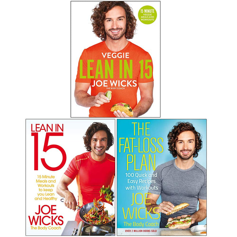 Set of three paperback books by Joe Wicks, Lean in 15, The Shift Plan, and Fat-Loss Plan, featuring blue covers and motivational titles.