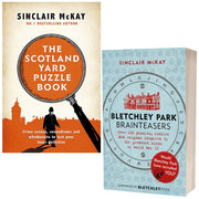 Set of two paperback puzzle books by Sinclair McKay, featuring Scotland Yard mysteries and Bletchley Park brainteasers collection.