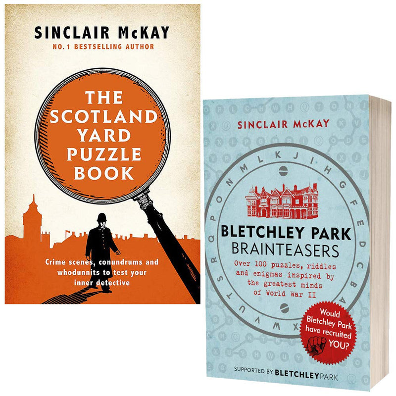 Set of two paperback puzzle books by Sinclair McKay, featuring Scotland Yard mysteries and Bletchley Park brainteasers collection.