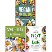 Vegan cookbook set including How Not To Die, Vegan On The Go, and beginner recipes by Iota, Jérôme Eckmeier, and Dr. Michael Greger.