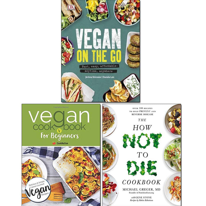 Vegan cookbook set including How Not To Die, Vegan On The Go, and beginner recipes by Iota, Jérôme Eckmeier, and Dr. Michael Greger.
