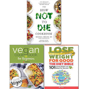 Iota & Dr. Michael Greger's "How Not to Die" vegan cookbook set, featuring colorful plant-based recipes for healthy living.
