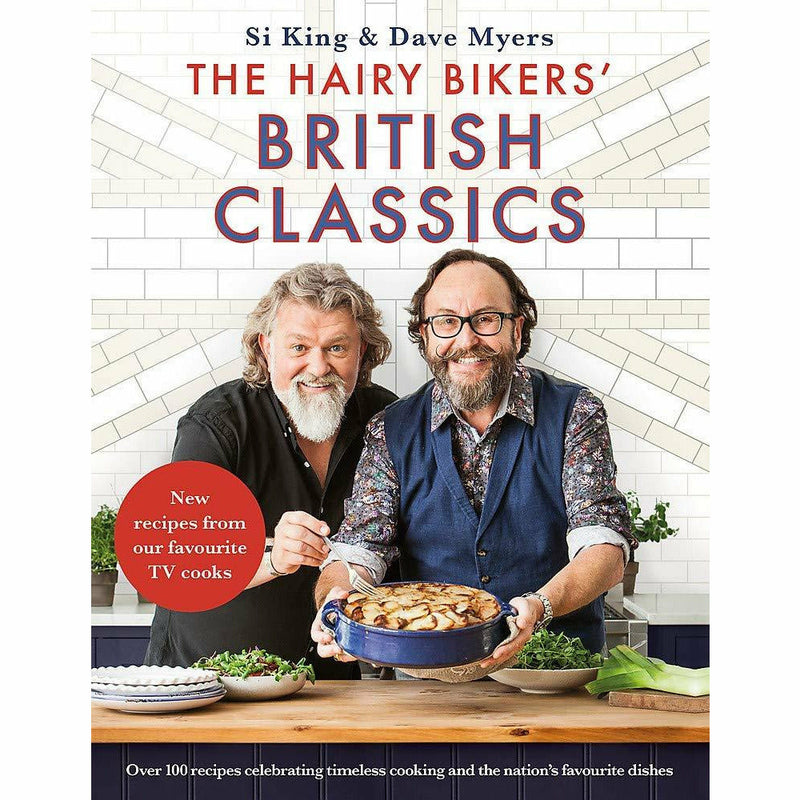 Set of two Hairy Bikers cookbooks, British Classics and Go Veggie, featuring colorful dish photos and recipe pages.