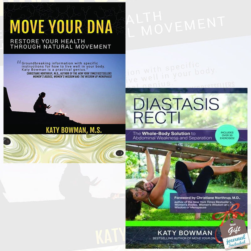 Katy Bowman’s Move Your DNA and Diastasis Recti books collection set, paperback, featuring educational content on movement and core health.