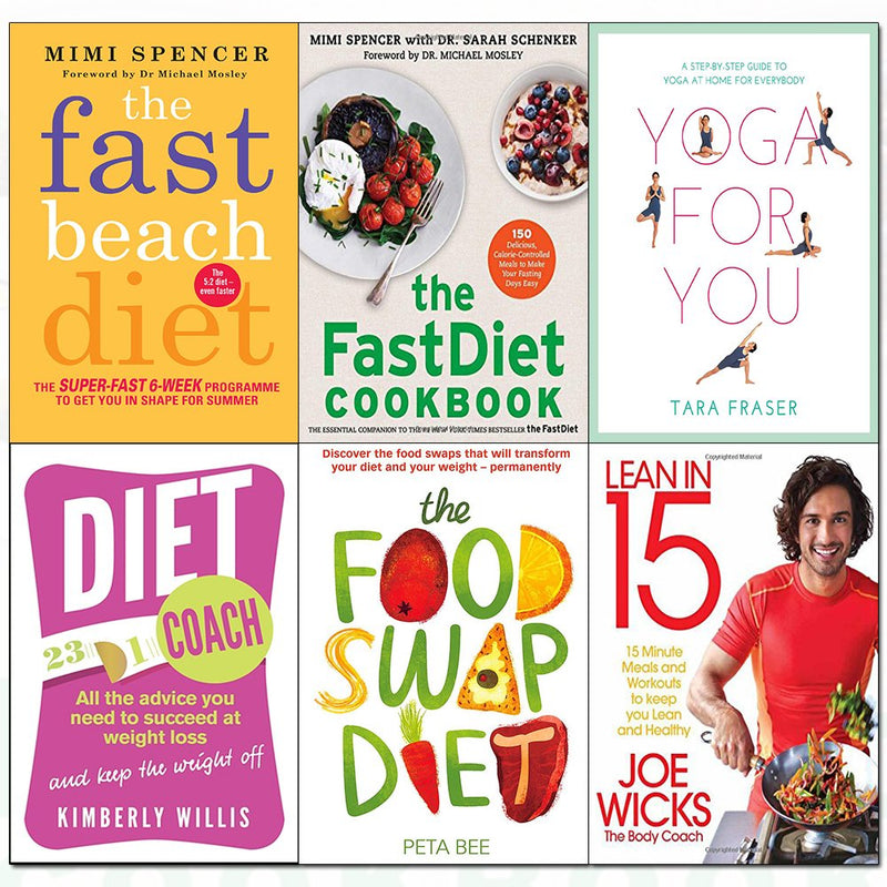 Set of six Joe Wicks Lean In 15, The Shift Plan, Fast Beach Diet, and Fast Diet cookbooks in paperback, featuring colorful covers.